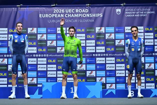 France s Bruno Armirail; Slovenia s Primoz Roglic and France s Maxime Decomble celebrate on the podium of the Men Elite Individual Time Trial race (22km) at the cycling UEC Road European Championships, in Ljubljana, Slovenia, on Wednesday 7 October 2026. The UEC Road European Championships are taking place from 02 to 07 October in Ljubljana, Slovenia. DAVIDxPINTENS x189072342x