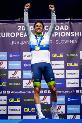 ROGLIÄa Primož ROGLIC Primoz UEC Road Cycling European Championships Ljubljana 2026 ROGLIÄa Primož ROGLIC Primoz SLO Slovenia Winner First Place Award Ceremony Medal Ceremony Podium Portrait Orientation Vertical Portrait Event UEC Road Cycling European Championships 2026 Ljubljana Category Cycling Road Cycling European Championships Individual Time Trial Elite Men Location Europe Slovenia Sencur Discipline Individual Time Trial ITT Distance 22 km Date October 7, 2026, Wednesday Day 5