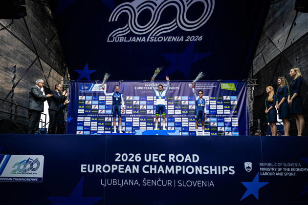 Bruno Armirail, Primož Roglic, DECOMBLE Maxime UEC Road Cycling European Championships Ljubljana 2026 ARMIRAIL Bruno FRA France Second Place ROGLIÄa PrimoÅ¾ ROGLIC Primoz SLO Slovenia Winner First Place DECOMBLE Maxime FRA France Third Place Award Ceremony Medal Ceremony Podium Landscape Event UEC Road Cycling European Championships 2026 Ljubljana Category Cycling Road Cycling European Championships Individual Time Trial Elite Men Location Europe Slovenia Sencur Discipline Individual Time Trial ITT Distance 22 km Date October 7, 2026, Wednesday Day 5