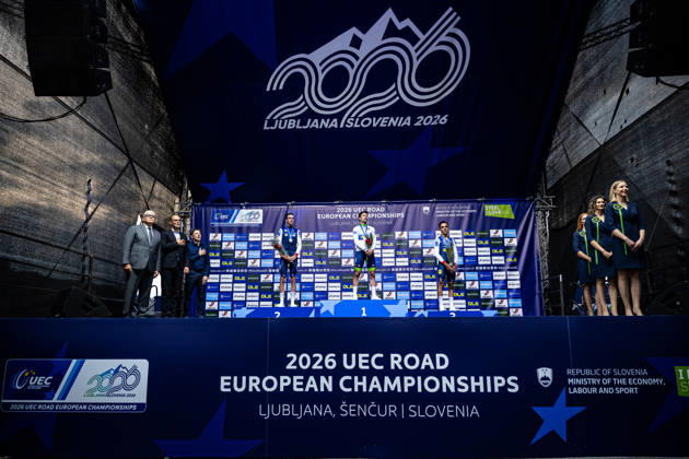 Bruno Armirail, Primož Roglic, DECOMBLE Maxime UEC Road Cycling European Championships Ljubljana 2026 ARMIRAIL Bruno FRA France Second Place ROGLIÄa Primož ROGLIC Primoz SLO Slovenia Winner First Place DECOMBLE Maxime FRA France Third Place Award Ceremony Medal Ceremony Podium Landscape Event UEC Road Cycling European Championships 2026 Ljubljana Category Cycling Road Cycling European Championships Individual Time Trial Elite Men Location Europe Slovenia Sencur Discipline Individual Time Trial ITT Distance 22 km Date October 7, 2026, Wednesday Day 5