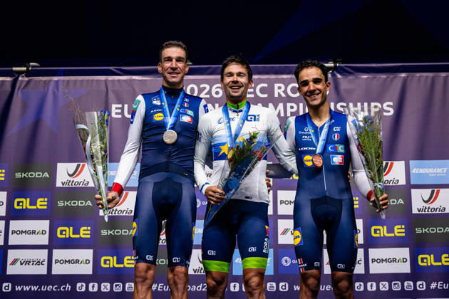 Bruno Armirail, Primož Roglic, DECOMBLE Maxime UEC Road Cycling European Championships Ljubljana 2026 ARMIRAIL Bruno FRA France Second Place ROGLIÄa Primož ROGLIC Primoz SLO Slovenia Winner First Place DECOMBLE Maxime FRA France Third Place Award Ceremony Medal Ceremony Podium Landscape Event UEC Road Cycling European Championships 2026 Ljubljana Category Cycling Road Cycling European Championships Individual Time Trial Elite Men Location Europe Slovenia Sencur Discipline Individual Time Trial ITT Distance 22 km Date October 7, 2026, Wednesday Day 5