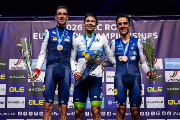 Bruno Armirail, Primož Roglic, DECOMBLE Maxime UEC Road Cycling European Championships Ljubljana 2026 ARMIRAIL Bruno FRA France Second Place ROGLIÄa Primož ROGLIC Primoz SLO Slovenia Winner First Place DECOMBLE Maxime FRA France Third Place Award Ceremony Medal Ceremony Podium Landscape Event UEC Road Cycling European Championships 2026 Ljubljana Category Cycling Road Cycling European Championships Individual Time Trial Elite Men Location Europe Slovenia Sencur Discipline Individual Time Trial ITT Distance 22 km Date October 7, 2026, Wednesday Day 5