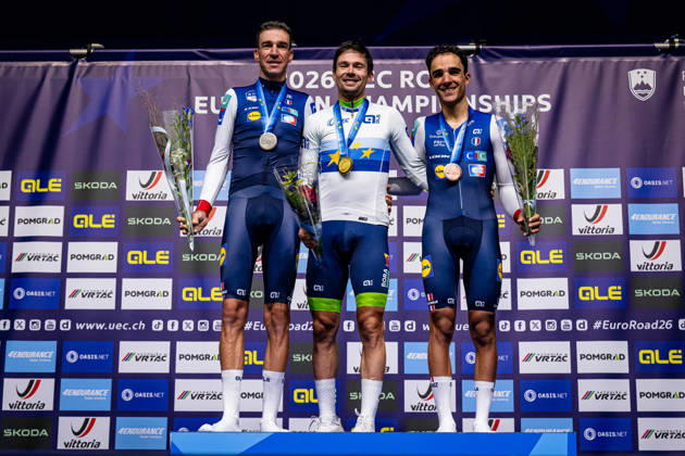 Bruno Armirail, Primož Roglic, DECOMBLE Maxime UEC Road Cycling European Championships Ljubljana 2026 ARMIRAIL Bruno FRA France Second Place ROGLIÄa Primož ROGLIC Primoz SLO Slovenia Winner First Place DECOMBLE Maxime FRA France Third Place Award Ceremony Medal Ceremony Podium Landscape Event UEC Road Cycling European Championships 2026 Ljubljana Category Cycling Road Cycling European Championships Individual Time Trial Elite Men Location Europe Slovenia Sencur Discipline Individual Time Trial ITT Distance 22 km Date October 7, 2026, Wednesday Day 5