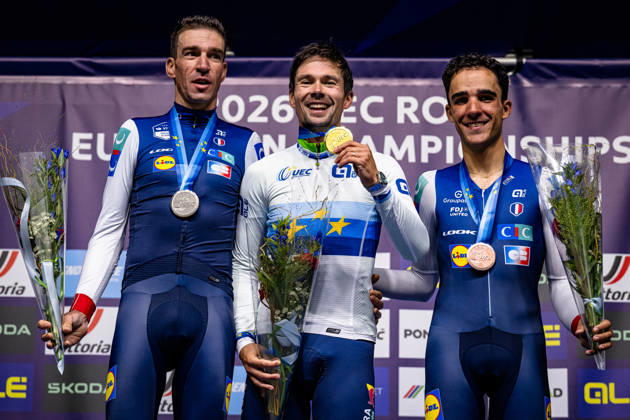 Bruno Armirail, Primož Roglic, DECOMBLE Maxime UEC Road Cycling European Championships Ljubljana 2026 ARMIRAIL Bruno FRA France Second Place ROGLIÄa Primož ROGLIC Primoz SLO Slovenia Winner First Place DECOMBLE Maxime FRA France Third Place Award Ceremony Medal Ceremony Podium Landscape Event UEC Road Cycling European Championships 2026 Ljubljana Category Cycling Road Cycling European Championships Individual Time Trial Elite Men Location Europe Slovenia Sencur Discipline Individual Time Trial ITT Distance 22 km Date October 7, 2026, Wednesday Day 5