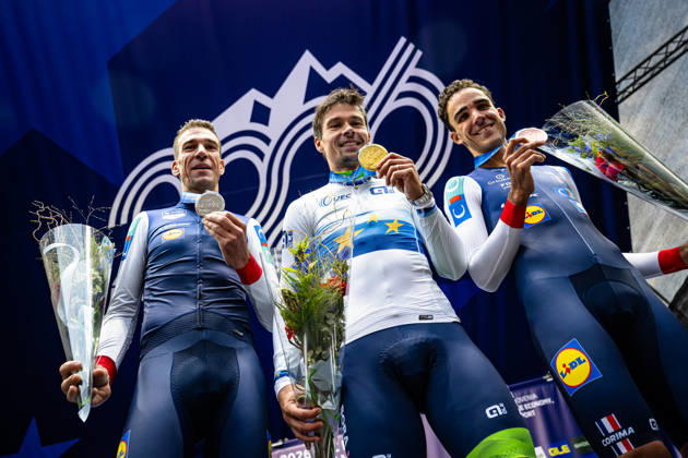 Bruno Armirail, Primož Roglic, DECOMBLE Maxime UEC Road Cycling European Championships Ljubljana 2026 ARMIRAIL Bruno FRA France Second Place ROGLIÄa Primož ROGLIC Primoz SLO Slovenia Winner First Place DECOMBLE Maxime FRA France Third Place Award Ceremony Medal Ceremony Podium Landscape Event UEC Road Cycling European Championships 2026 Ljubljana Category Cycling Road Cycling European Championships Individual Time Trial Elite Men Location Europe Slovenia Sencur Discipline Individual Time Trial ITT Distance 22 km Date October 7, 2026, Wednesday Day 5