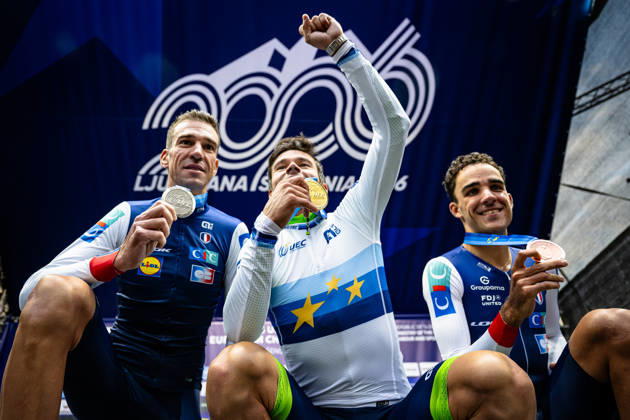 Bruno Armirail, Primož Roglic, DECOMBLE Maxime UEC Road Cycling European Championships Ljubljana 2026 ARMIRAIL Bruno FRA France Second Place ROGLIÄa Primož ROGLIC Primoz SLO Slovenia Winner First Place DECOMBLE Maxime FRA France Third Place Award Ceremony Medal Ceremony Podium Landscape Event UEC Road Cycling European Championships 2026 Ljubljana Category Cycling Road Cycling European Championships Individual Time Trial Elite Men Location Europe Slovenia Sencur Discipline Individual Time Trial ITT Distance 22 km Date October 7, 2026, Wednesday Day 5