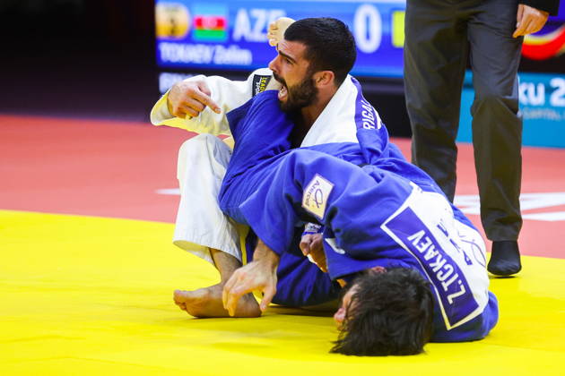 AZERBAIJAN, BAKU - OCTOBER 7, 2026: Tato Grigalashvili (L) of Georgia and Zelim Tckaev of Azerbaijan compete in their -81 kg bout as part of the 2026 World Judo Championships at the National Gymnastics Arena 2026 World Judo Championships In Baku  - ZUMAt113 20261007_zaa_t113_517 Copyright: xMikhailxSinitsynx