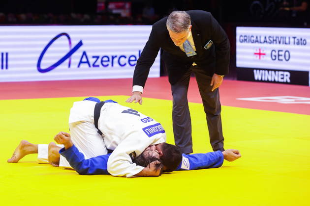 AZERBAIJAN, BAKU - OCTOBER 7, 2026: Tato Grigalashvili (L) of Georgia and Zelim Tckaev of Azerbaijan compete in their -81 kg bout as part of the 2026 World Judo Championships at the National Gymnastics Arena 2026 World Judo Championships In Baku  - ZUMAt113 20261007_zaa_t113_524 Copyright: xMikhailxSinitsynx