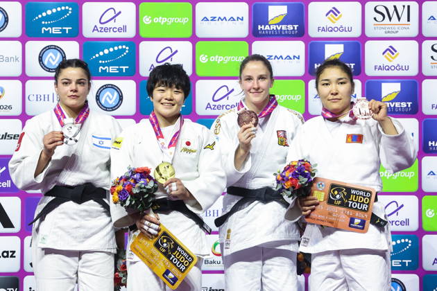 AZERBAIJAN, BAKU - OCTOBER 7, 2026: 2nd placed Kerem Primo of Israel, 1st placed Haruka Kaju of Japan, 3rd placed Renata Zachova of the Czech Republic, and 3rd placed Lkhagvatogoogiin Enkhriilen (L-R) of Mongolia attend an award ceremony for the women s -63 kg category during the 2026 World Judo Championships at the National Gymnastics Arena. Mikhail Sinitsyn TASS  98918240