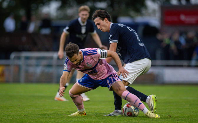Soccer, 2026–2027 Season, Lower Rhine Cup, October 7, 2026, Round 3, Men’s, BW Dingden Blue vs. MSV Duisburg Pink; from left: Can Coskun (MSV Duisburg), Max Mahn (BW Dingden); Hamminkeln Sports Field, BW Dingden, North Rhine-Westphalia, Germany 261007_fb_bw-dingden_msv-duisburg_61249