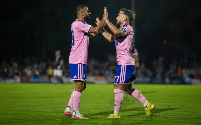 Soccer, 2026–2027 Season, Lower Rhine Cup, October 7, 2026, Round 3, Men’s, BW Dindgen Blue vs. MSV Duisburg Pink; from left: Ramien Safi (MSV Duisburg), Can Coskun (MSV Duisburg); Hamminkeln Sports Field, BW Dindgen, North Rhine-Westphalia, Germany 261007_fb_bw-dingden_msv-duisburg_61299