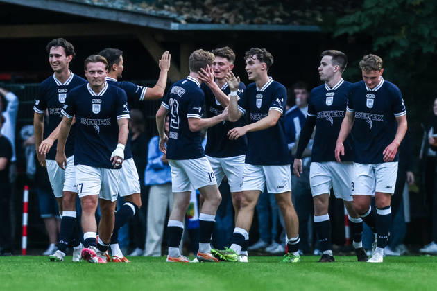 Sports, Soccer, FVN Lower Rhine Cup 2026–2027 Season, Round of 16: SV Blau Weiß Dingden vs. MSV Duisburg, October 7, 2026, Dingden Sports Field: BW Dingden celebrates after Fabrice Kempe scores the 1–0 goal for BW Dingden in the 37th minute; the players are thrilled. Hamminkeln, Dingden, Dingden Sports Field, North Rhine-Westphalia, Germany