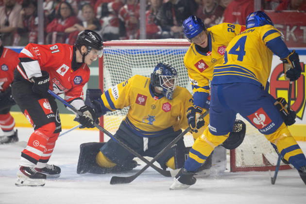 CHL Kölner Haie vs. Herning Blue Fox, Cologne, October 7, 2026 Mateu Späth, Kölner Haie, forward, 81 Janis Fecers, Herning Blue Fox, Goaltender, 35 Emil Kristensen, Herning Blue Fox, Defenseman, 28 CHL Cologne Sharks vs. Herning Blue Fox on October 7, 2026, at the LanxessArena in Cologne, Germany Copyright: xBEAUTIFULxSPORTS AndreasxDickx