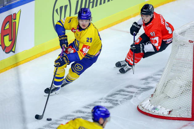 October 7, 2026, Ice Hockey, CHL, Kölner Haie vs. Blue Fox Herning, Champions Hockey League 2026–27, Matchday 5, 2026–27 Season, Lanxess Arena, Cologne: Lukas Bang (Przemieslo, Blue Fox Herning, No. 29) in a one-on-one battle against Mateu Späth (Cologne Sharks, No. 81), North Rhine-Westphalia, Germany