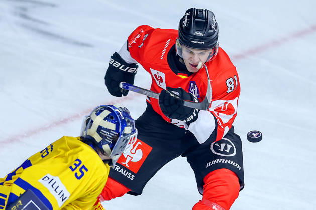 October 7, 2026, Ice Hockey, CHL, Kölner Haie vs. Blue Fox Herning, Champions Hockey League 2026–27, Matchday 5, 2026–27 Season, Lanxess Arena, Cologne; Mateu Späth of the Kölner Haie (No. 81) shoots on goal against goalie Janis Fecers of Blue Fox Herning (No. 35); North Rhine-Westphalia, Germany