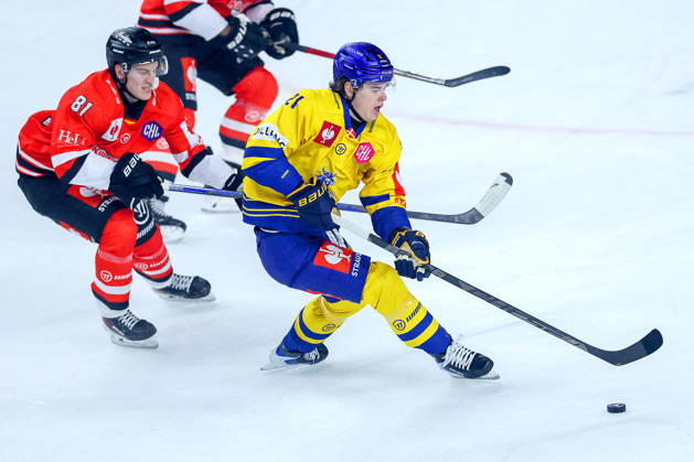 October 7, 2026, Ice Hockey, CHL, Kölner Haie vs. Blue Fox Herning, Champions Hockey League 2026–27, Matchday 5, 2026–27 Season, Lanxess Arena, Cologne; Mateu Späth (Cologne Sharks, No. 81) in a battle against Hjalte Kruse Thomsen (Blue Fox Herning, No. 21); North Rhine-Westphalia, Germany