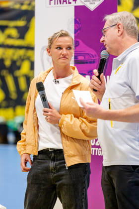 Dortmund, October 7, 2026, Handball, Women s, Alsco Women s Handball Bundesliga, Matchday 5, BVB Borussia Dortmund vs. Buxtehuder SV, Alexandra Popp speaking ahead of the quarterfinal draw for the DHB Women s Cup, Dortmund Sporthalle Wellinghofen, North Rhine-Westphalia, Germany
