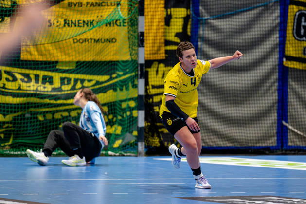 Dortmund, October 7, 2026, Handball, Women s, Alsco Women s Handball Bundesliga, Matchday 5, BVB Borussia Dortmund vs. Buxtehuder SV, Alina Grijseels (BVB) celebrates after scoring a goal, Dortmund Sporthalle Wellinghofen, North Rhine-Westphalia, Germany