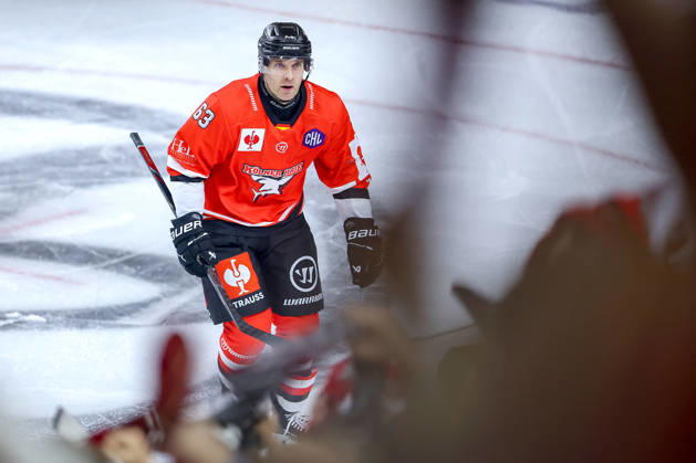 October 7, 2026, Ice Hockey, CHL, Kölner Haie vs. Blue Fox Herning, Champions Hockey League 2026–27, Matchday 5, 2026–27 Season, Lanxess Arena, Cologne: Celebrations after the 3–0 goal by Patrick Russell, Kölner Haie, 63, North Rhine-Westphalia, Germany
