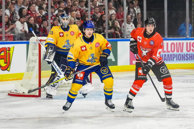 Ice Hockey CHL, Matchday 5: Kölner Haie vs. Herning Blue Fox on October 7, 2026, at the Lanxess Arena in Cologne. Jänis Fecers (Herning), left; Mads Skov Larsen (Herning), center; Kevin Niedenz (Cologne), right xDMx