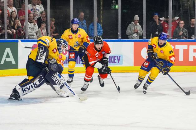 Ice Hockey CHL, Matchday 5: Kölner Haie vs. Herning Blue Fox on October 7, 2026, at the Lanxess Arena in Cologne. Jänis Fecers (Herning), left; Patrick Russell (Cologne), center; Artturi Mikael Toivola (Herning), right xDMx