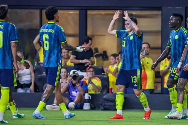 MIAMI, FL - OCTOBER 06: Richard Rios 6 of Colombia and Daniel Arcila 13 of Colombia celebrate a goal scored during an International Friendly, Länderspiel, Nationalmannschaft soccer match between Colombia and Peru at NU Stadium on October 06, 2026 in Miami, Florida.(Photo by Chris Arjoon Icon Sportswire) SOCCER: OCT 06 Colombia vs Peru EDITORIAL USE ONLY Icon2610060000138