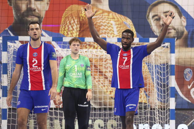 HANDBALL : Paris Saint Germain Vs Celje - Ligue des Champions - 07 10 2026 Mateo Maras (Paris Saint-Germain) - Karl Konan (Paris Saint-Germain) - Mikkel Lovkvist (Paris Saint-Germain) ParisFrance Copyright: xMichaelxBaucherx