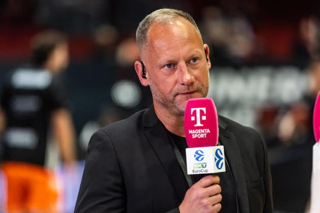 October 7, 2026, GER, BKT Eurocup, Basketball, Chemnitz, Niners Chemnitz vs. Neptunas Klaipeda; Steffen Herhold, Managing Director of Niners Chemnitz, being interviewed at the Chemnitz Trade Fair, Chemnitz, Saxony, Germany