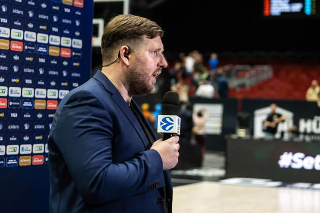 October 7, 2026, GER, BKT Eurocup, Basketball, Chemnitz, Niners Chemnitz vs. Neptunas Klaipeda, Gediminas Petrauskas, Neptunas Klaipeda coach, being interviewed at the Chemnitz Trade Fair, Chemnitz, Saxony, Germany