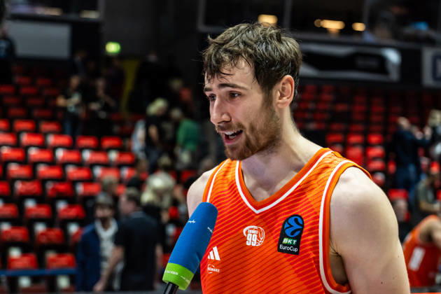 October 7, 2026, GER, BKT Eurocup, Basketball, Chemnitz, Niners Chemnitz vs. Neptunas Klaipeda, Jannis von Seckendorff (Niners Chemnitz), 90, during an interview at the Chemnitz Trade Fair, Chemnitz, Saxony, Germany