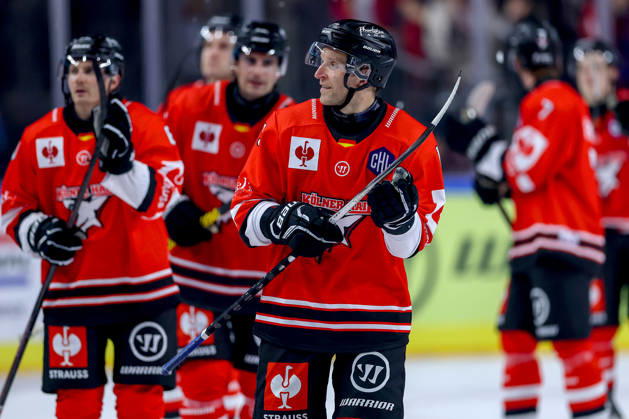 October 7, 2026, Ice hockey, CHL, Kölner Haie vs. Blue Fox Herning, Champions Hockey League 2026–27, Matchday 5, 2026–27 season, Lanxess Arena, Cologne; Celebrations after the 3–0 victory; Frederik Storm, Kölner Haie, 19, North Rhine-Westphalia, Germany