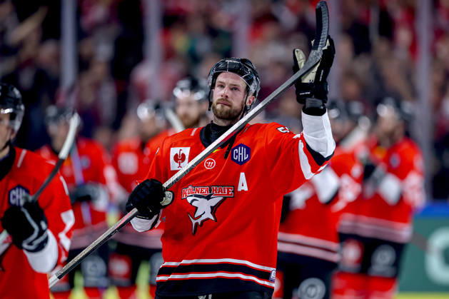 October 7, 2026, Ice hockey, CHL, Kölner Haie vs. Blue Fox Herning, Champions Hockey League 2026–27, Matchday 5, 2026–27 season, Lanxess Arena Cologne, Victory celebration after the 3–0 win, Brady Austin, Kölner Haie, 57, North Rhine-Westphalia, Germany