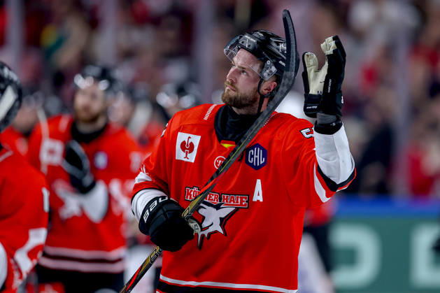 October 7, 2026, Ice hockey, CHL, Kölner Haie vs. Blue Fox Herning, Champions Hockey League 2026–27, Matchday 5, 2026–27 season, Lanxess Arena Cologne, Victory celebration after the 3–0 win, Brady Austin, Kölner Haie, 57, North Rhine-Westphalia, Germany