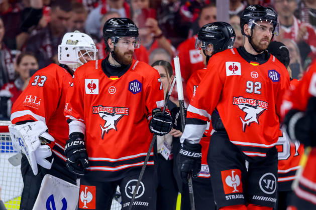 October 7, 2026, Ice Hockey, CHL, Kölner Haie vs. Blue Fox Herning, Champions Hockey League 2026–27, Matchday 5, 2026–27 Season, Lanxess Arena, Cologne: Celebrations after the 3–0 victory. Goalie Nico Wiens (Cologne Sharks 33), Ryan MacInnis (Cologne Sharks 77), Marcel Noebels (Cologne Sharks 92), North Rhine-Westphalia, Germany
