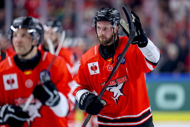 October 7, 2026, Ice hockey, CHL, Kölner Haie vs. Blue Fox Herning, Champions Hockey League 2026–27, Matchday 5, 2026–27 season, Lanxess Arena Cologne, Victory celebration after the 3–0 win, Brady Austin, Kölner Haie, 57, North Rhine-Westphalia, Germany
