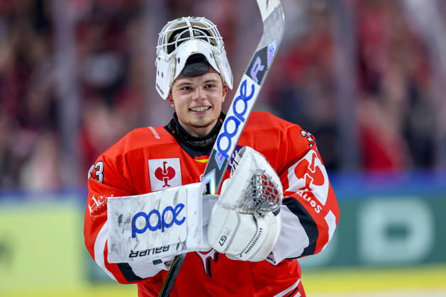 October 7, 2026, Ice Hockey, CHL, Kölner Haie vs. Blue Fox Herning, Champions Hockey League 2026–27, Matchday 5, 2026–27 Season, Lanxess Arena, Cologne; Goalie Nico Wiens of the Kölner Haie, 33, in high spirits, celebrating the 3–0 victory; North Rhine-Westphalia, Germany