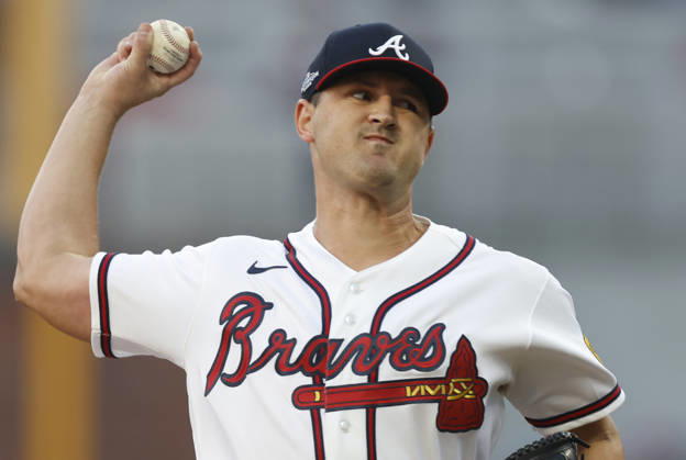 Atlanta Braves starting pitcher Tyler Mahle (54) throws against the Los Angeles Dodgers in the first inning in an MLB, Baseball Herren, USA National League Division Series playoff game at Truist Park in Atlanta, Georgia, on Wednesday, October 7, 2026.  ATL20261007701 MIKExZARRILLI