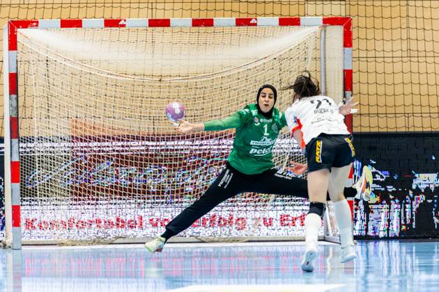 October 7, 2026, GER, Handball, Women, 2026–2027 Season, Alsco 1st Division, Matchday 5, Thüringer HC vs. HSG Blomberg Lippe; Nuria Bucher (HSG Blomberg Lippe), Maie Gomma (Thüringer HC); 1 99947 Bad Langensalza, Salza, Halle, Mehrz Sports Hall, Thuringia, Germany