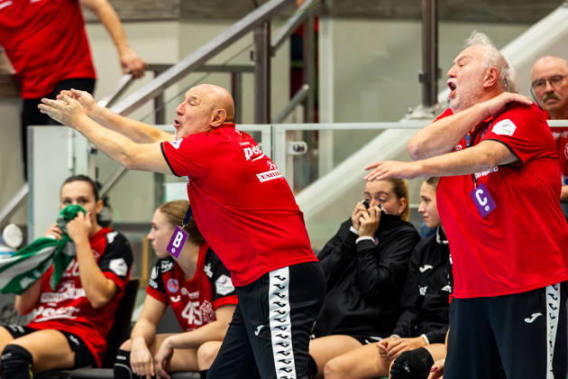 October 7, 2026, GER, Handball, Women, 2026–2027 Season, Alsco 1 Bl, Matchday 5, Thüringer HC vs. HSG Blomberg Lippe; Herbert Mueller, Thüringer HC, Head Coach; Helfried Mueller, Thüringer HC, Assistant Coach; 99947 Bad Langensalza, Salza, Halle, Mehrz Sports Hall, Thuringia, Germany