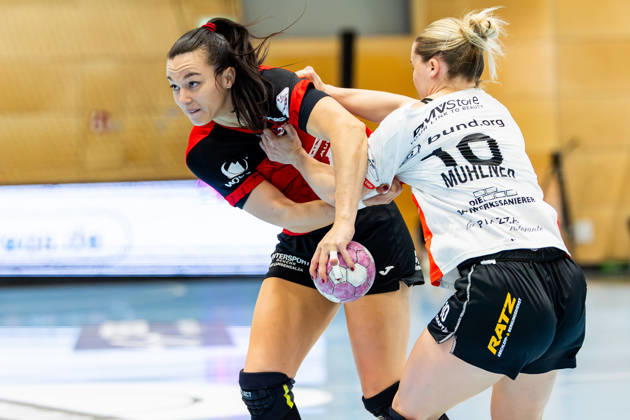 October 7, 2026, GER, Handball, Women, 2026–2027 Season, Alsco 1st Division, Matchday 5, Thüringer HC vs. HSG Blomberg Lippe, Maxi Muehlner (HSG Blomberg Lippe), Jana Leonie Scheib (Thüringer HC), 20 99947 Bad Langensalza, Salza, Mehrz Sports Hall, Thuringia, Germany