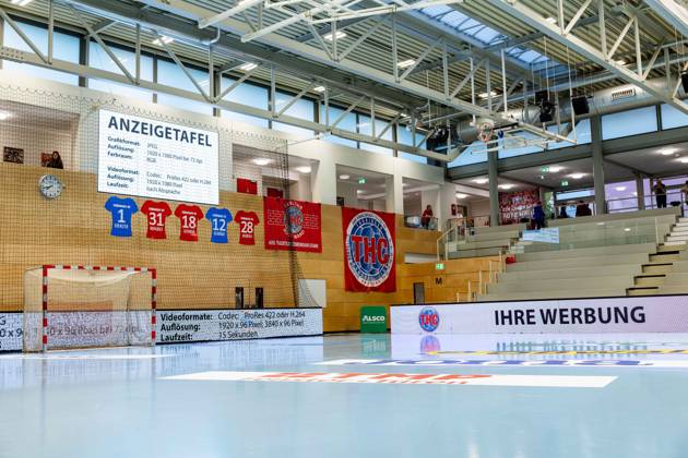 October 7, 2026, GER, Handball, Women, 2026–2027 Season, Alsco 1st Division, Matchday 5, Thüringer HC vs. HSG Blomberg Lippe, advertising board, LED scoreboard, 99947 Bad Langensalza, Salza Hall, Mehrz Sports Hall, Thuringia, Germany