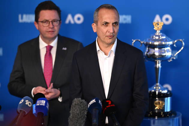 TENNIS AUSTRALIAN OPEN LAUNCH, Victorian Minister for Major Events Anthony Carbines (left) and Tennis Australia CEO Andrew Abdo speak during the launch of the 2027 Australian Open tennis tournament, in Melbourne, Thursday, October 8, 2026. ( NO ARCHIVING MELBOURNE VICTORIA Australia  Copyright: xJOELxCARRETTx 20261008167102104304