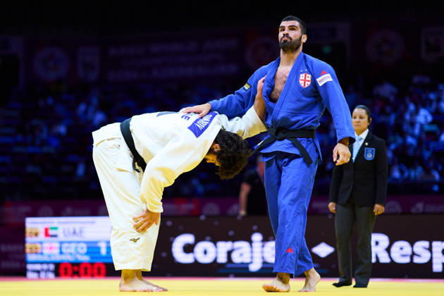 (L-R) Omarov Gadzhimurad (UAE), Grigalashvili Tato (GEO), OCTOBER 7, 2026 -Judo : World Judo Championships BAKU2026 Mens -81kg 2nd Round match at National Gymnastics Arena in Baku, Azerbaijan. Noxthirdxpartyxsales aflo_354044847 KenxAsakurax