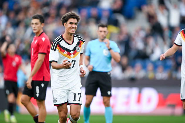 U-21 International Match 26-27: Germany vs. Georgia on October 6, 2026, at the SchücoArena in Bielefeld—Cheers, goal celebrations, goal scorers, goal scorer Noah Darvich—Germany celebrates after his goal to make it 1-0 MT