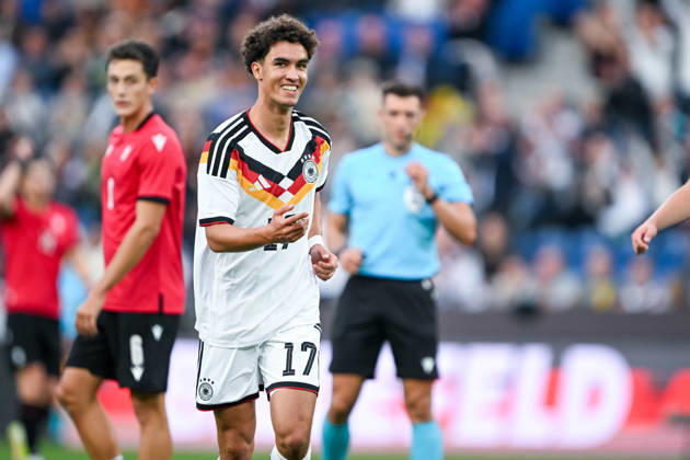 U-21 International Match 26-27: Germany vs. Georgia on October 6, 2026, at the SchücoArena in Bielefeld—Cheers, goal celebrations, goal scorers, goal scorer Noah Darvich—Germany celebrates after his goal to make it 1-0 MT
