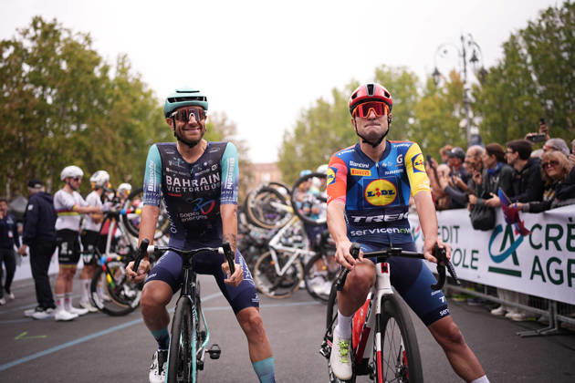 Last race for Italy s Jacopo Mosca of Lidl-Trek and Italy s Damiano Caruso of Bahrain Victorious during the 110th edition of the Gran Piemonte 2026 a 185 km one day race from Asti to Bra on October 08, 2026, Italy. Copyright: xMarcoxAlpozzi LaPressex