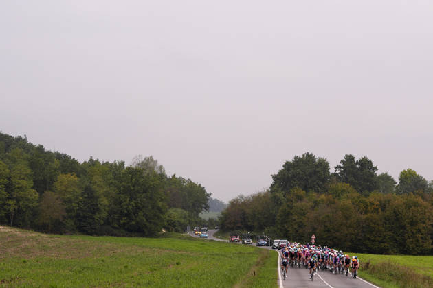 The pack rides during the 110th edition of the Gran Piemonte 2026 a 185 km one day race from Asti to Bra on October 08, 2026, Italy.  Copyright: xFabioxFerrari LaPressex