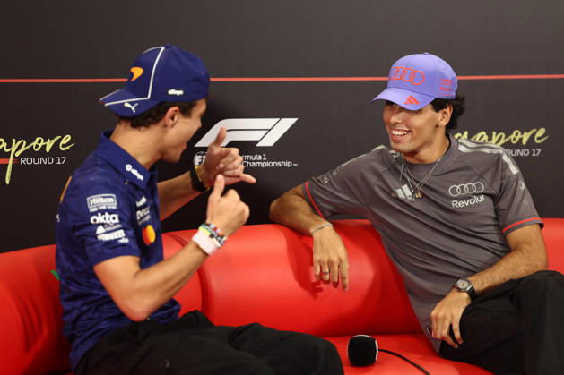 F1 Singapore Grand Prix 2026 Previews Lando Norris of McLaren and Gabriel Bortoleto of Audi during the press conference, PK, Pressekonferenz ahead of the Formula 1 Singapore Grand Prix at Marina Bay Street Circuit in Singapore on October 8, 2026. Singapore Singapore  Copyright: xJakubxPorzyckix originalFilename:porzycki-f1singap261008_np1w1