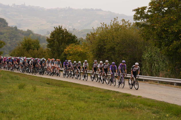 The pack rides during the 110th edition of the Gran Piemonte 2026 a 185 km one day race from Asti to Bra on October 08, 2026, Italy.  Copyright: xFabioxFerrari LaPressex