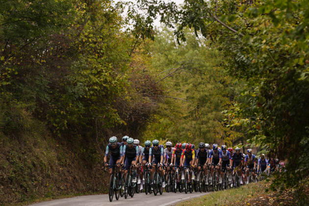 The pack rides during the 110th edition of the Gran Piemonte 2026 a 185 km one day race from Asti to Bra on October 08, 2026, Italy.  Copyright: xFabioxFerrari LaPressex
